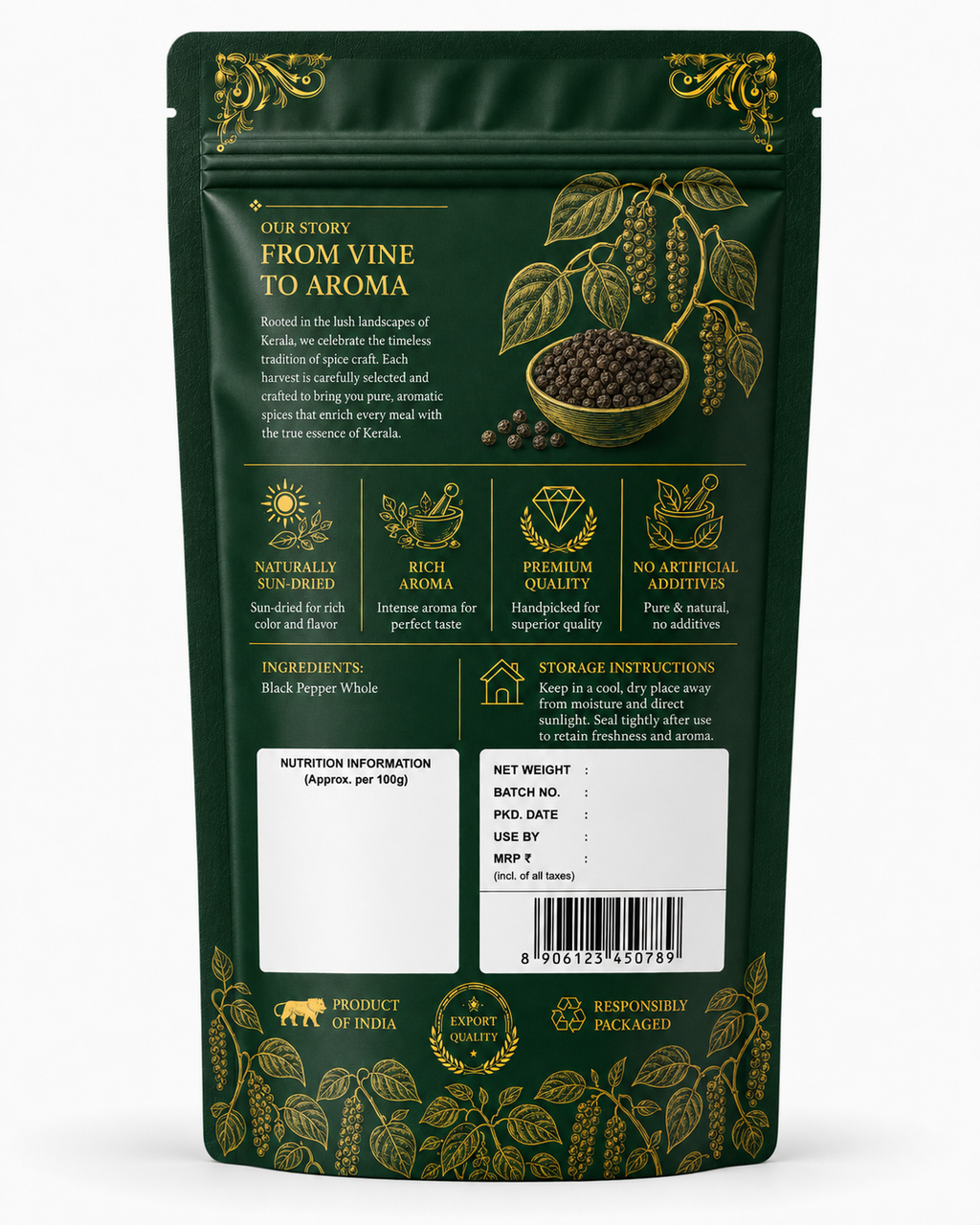 Aromora Malabar Whole Black Pepper 200g | Premium Kerala Peppercorns