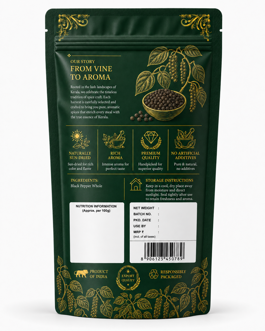 Aromora Malabar Whole Black Pepper 200g | Premium Kerala Peppercorns